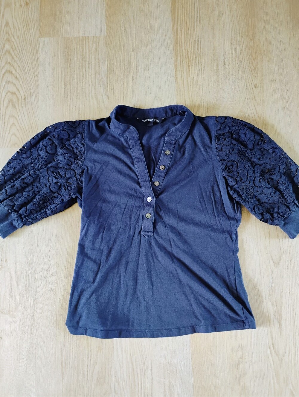 Veronica Beard Navy Button Henley with Lace Detail